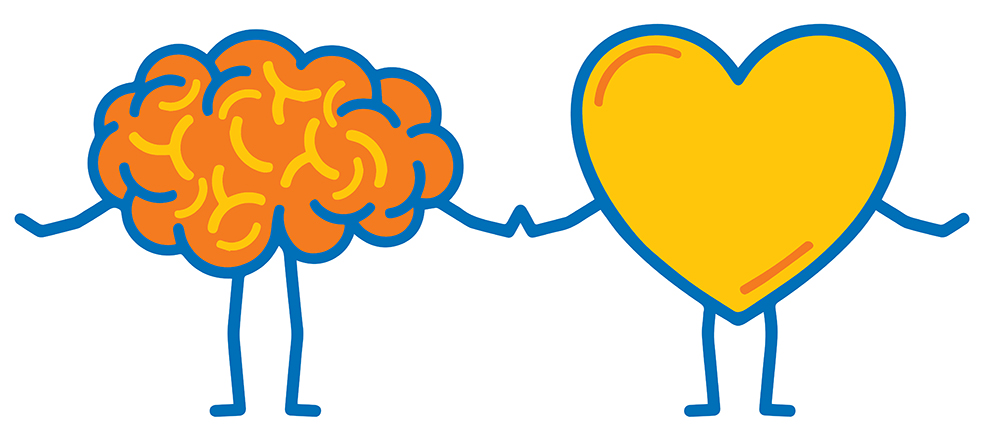 cartoon brain and heart touching hands graphic